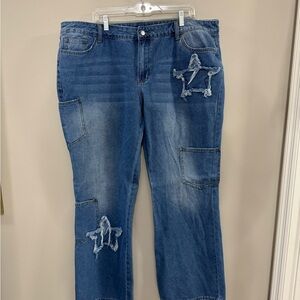 SHEIN Blue Straight Leg Jeans with Distressed Star Details and Pockets. Size 3XL